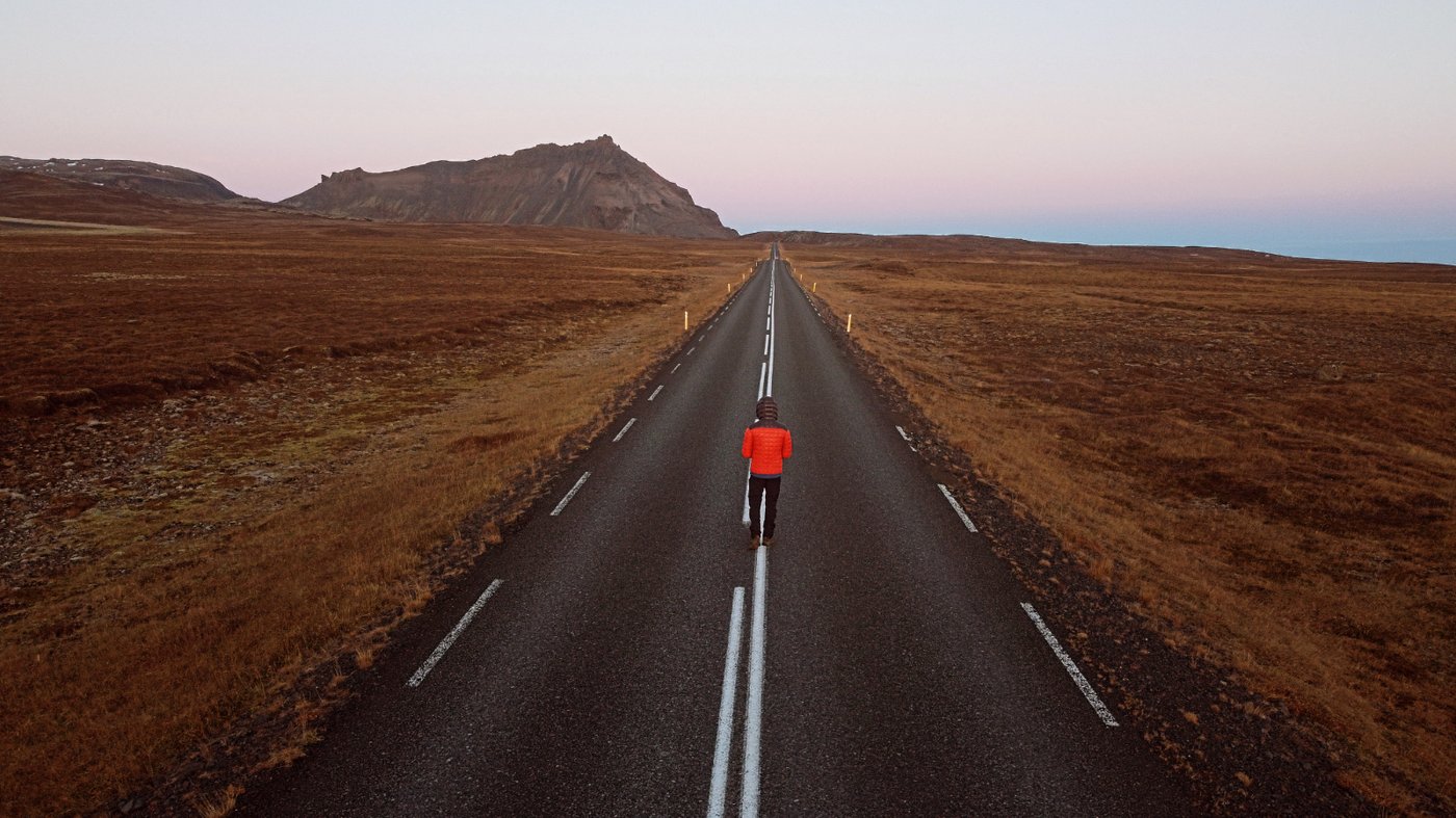 Walking an empty Iceland road