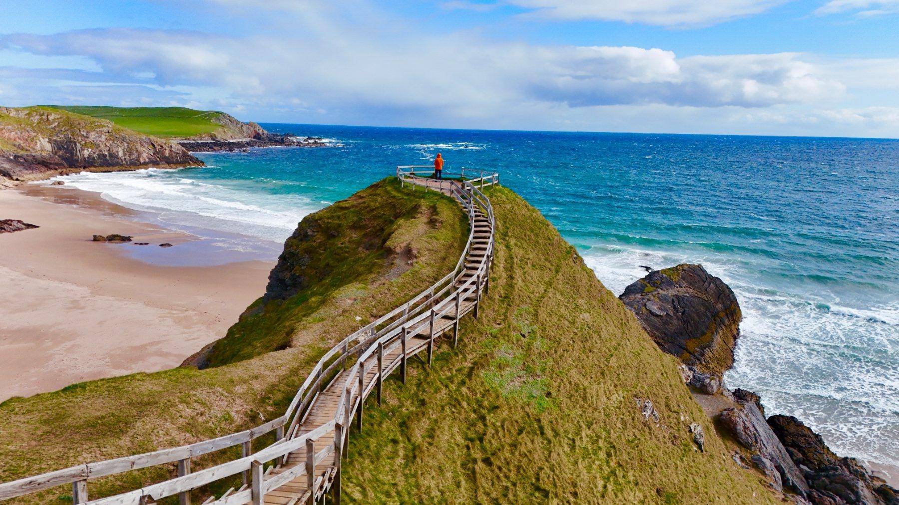 The coastline and boardwalk at Strathy Point in the Scottish Highlands