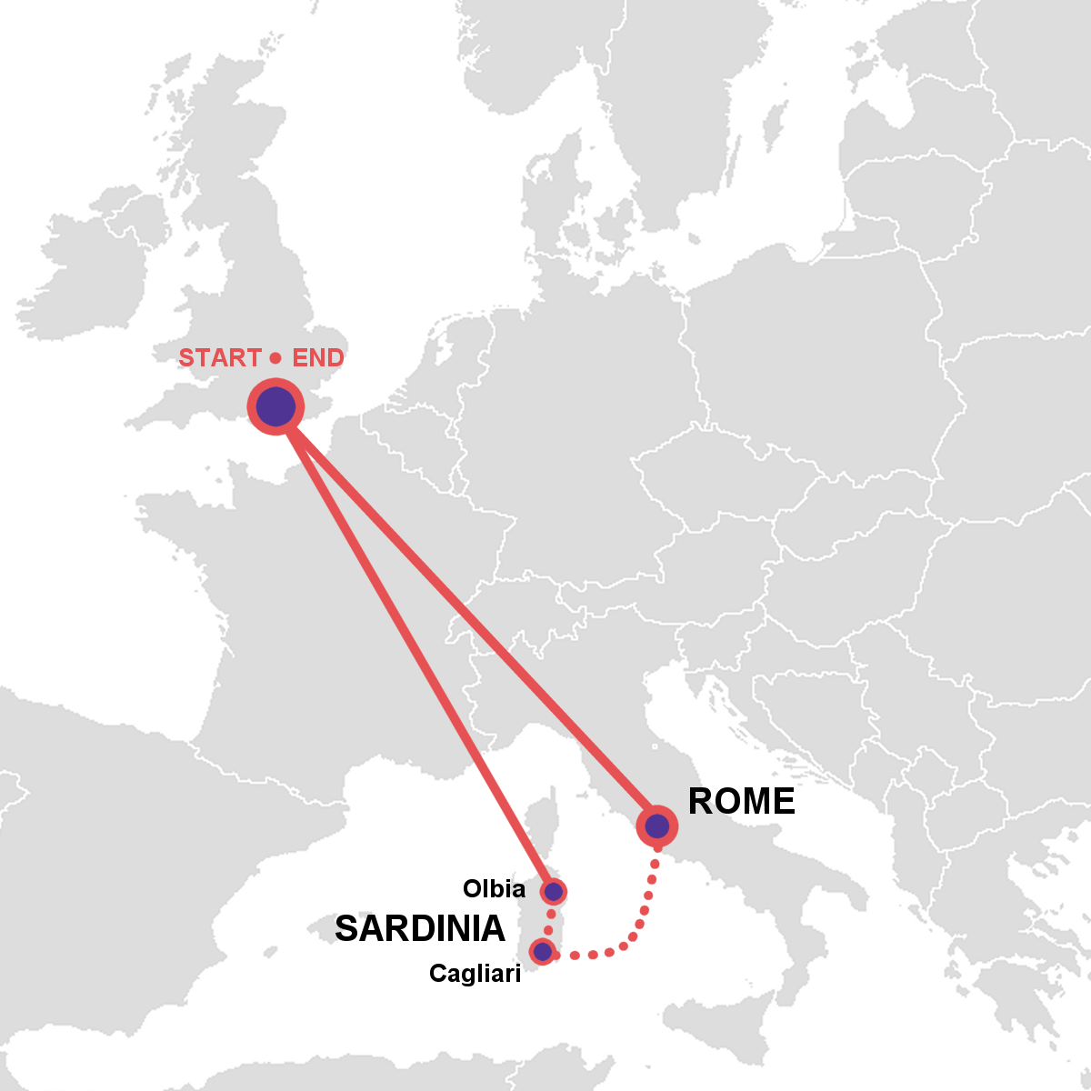 Italy & Sardinia route map