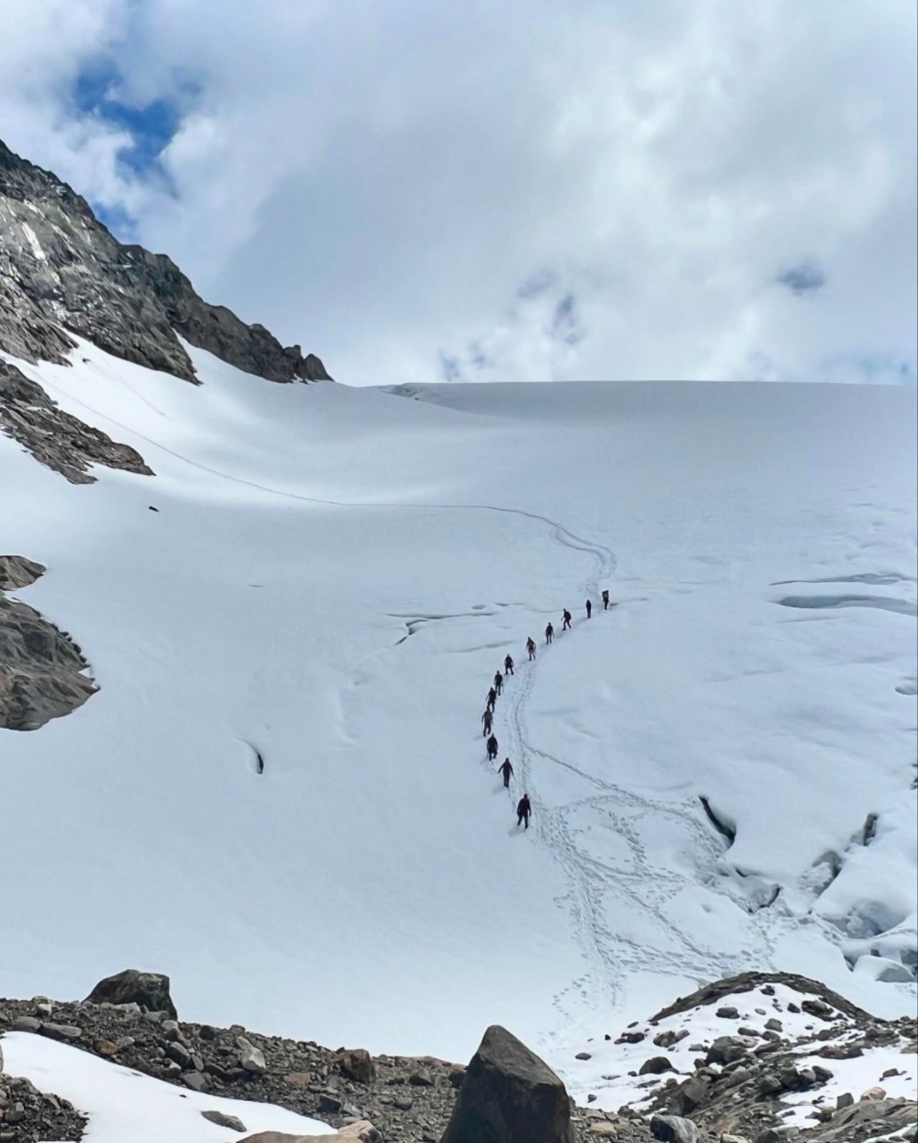 Following the trail up the snowfield