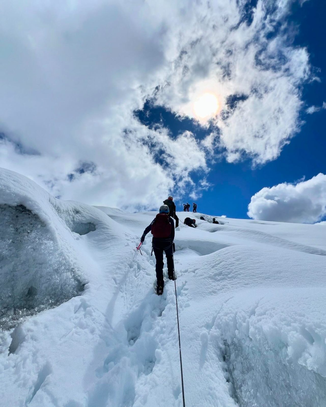 Ice axe and crampons on the climb