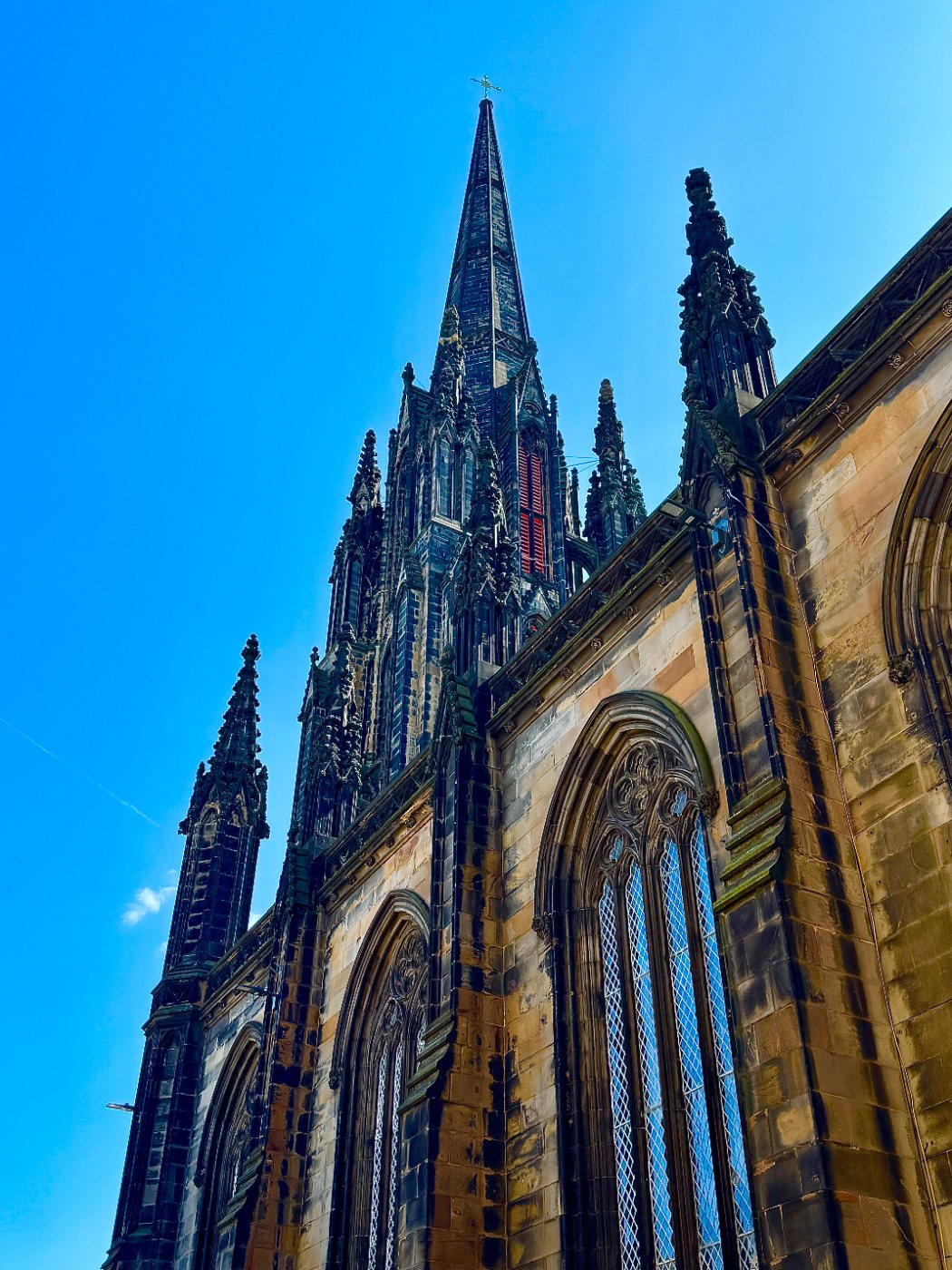 The Hub spire against blue sky