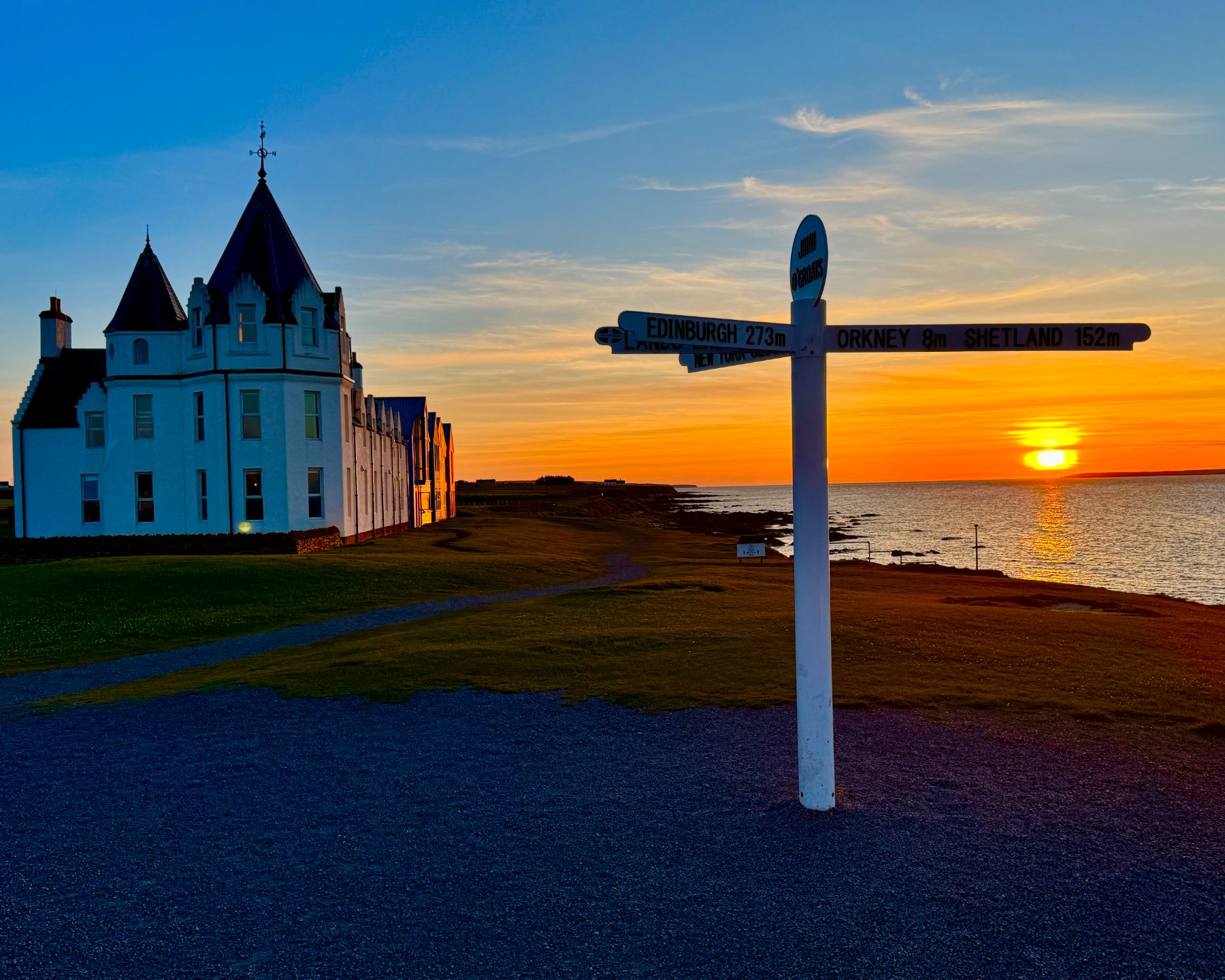 The John O’Groats signpost at sunset