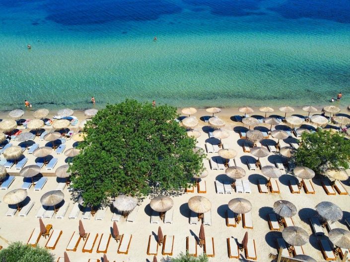 Greece Thassos Beachfront with sun beds, sand and sea
